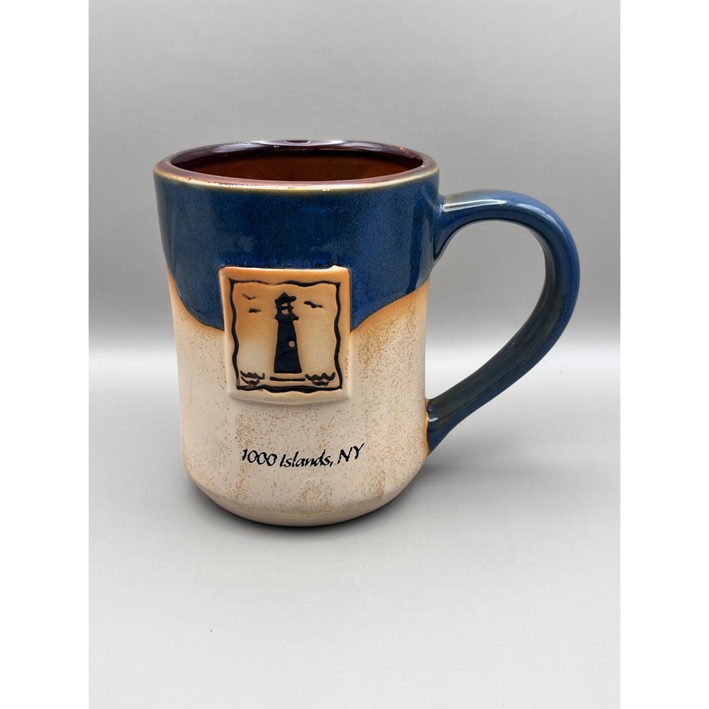 Cape Shore 1000 Islands NY Lighthouse Stoneware Coffee Mug Cup Blue Tan 16oz
